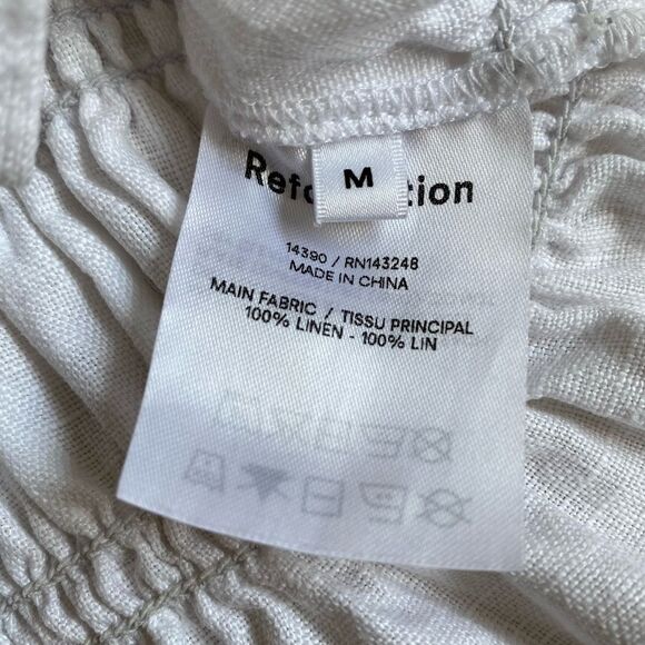 Reformation Shirred Tie-Strap Linen Top Women's Size M White Ruffle Hem Coquette - Picture 12 of 14